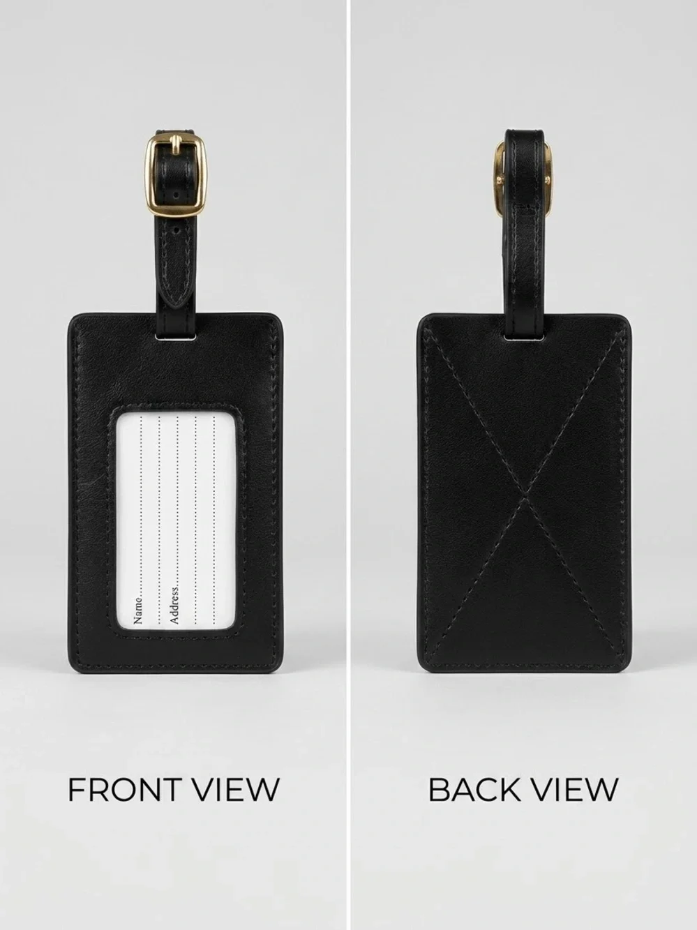 Black Leather Luggage ID Tag with Gold-Tone Buckle